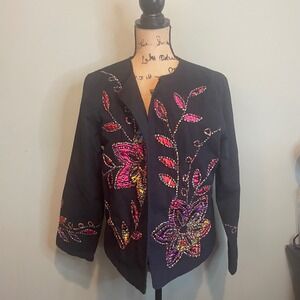 Choices Women Embroidered Floral Print Boho Beaded Longsleeve Blouse Black Large